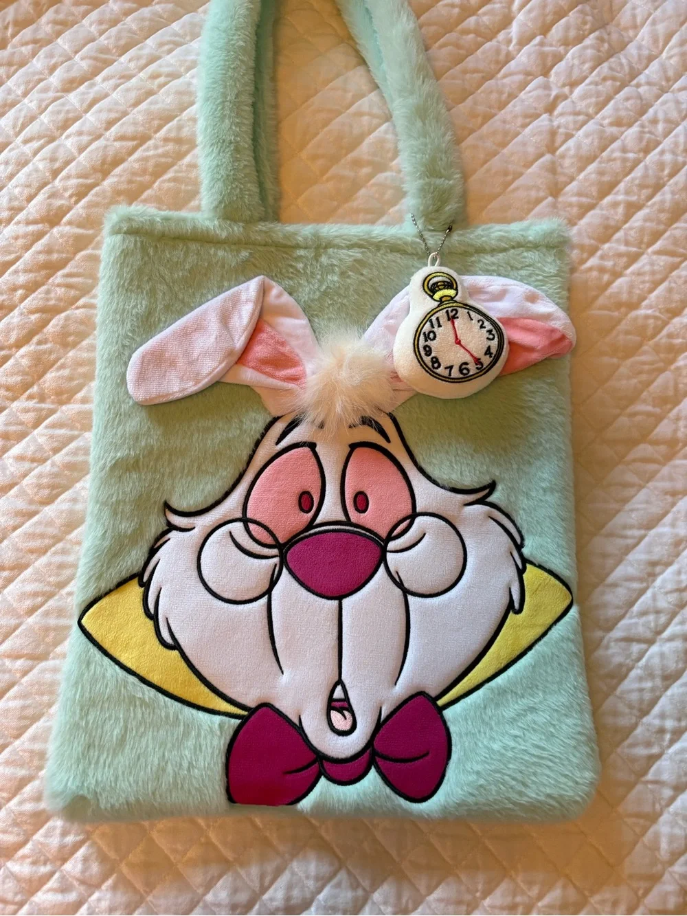 Disney Alice in Wonderland White Rabbit Faux Fur Tote Bag Plush Clock Charm NWOT